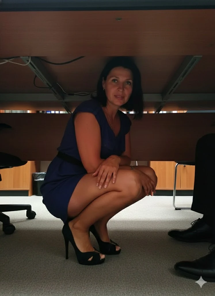 Mature woman hidden under a desk in a discreet suggestive moment